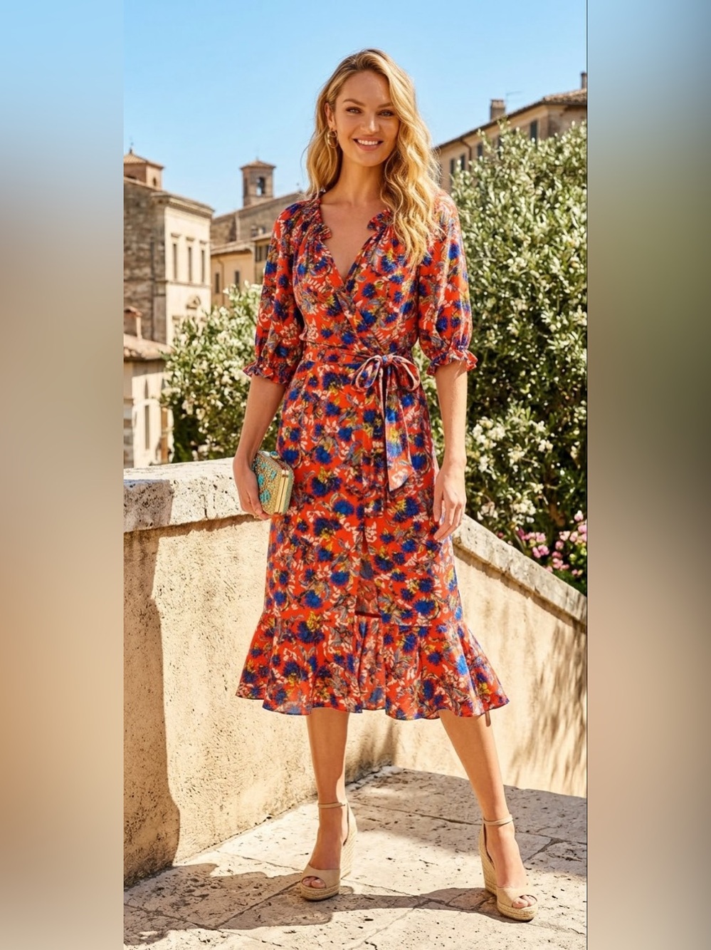 SALONI Flame Azalea Orange Floral Silk Wrap Midi Dress Ruffle Long Sleeve XS